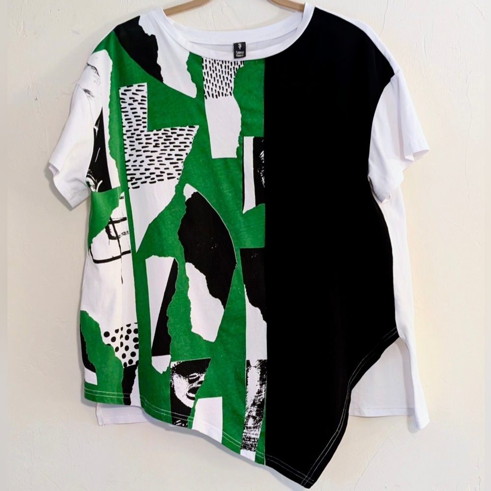 Simply Yanité Abstract Asymmetrical Tee Black Green White L/XL